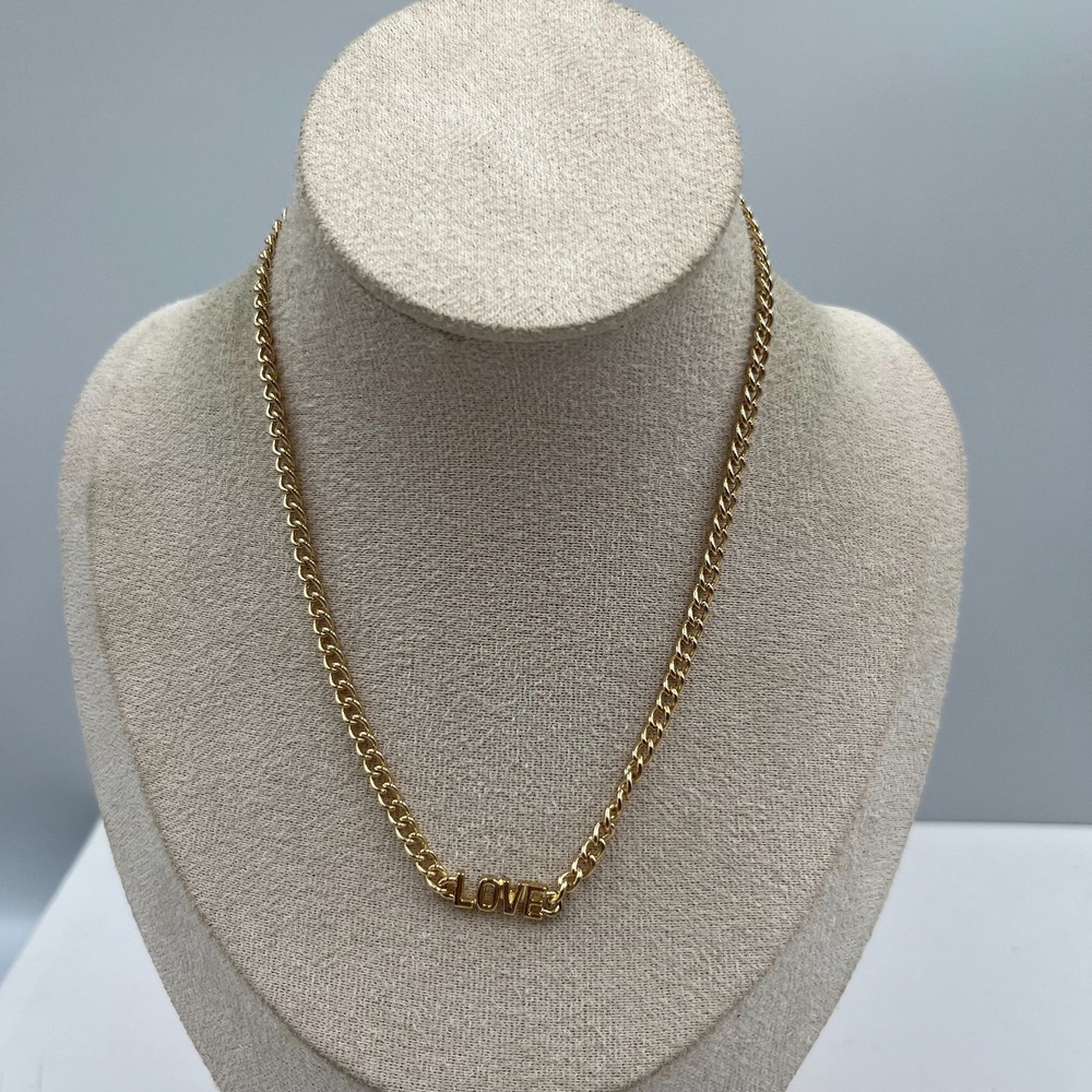 Vtg 90s Gold Tone Love Script Necklace Chunky Curb Chain Statement Jewelry Women